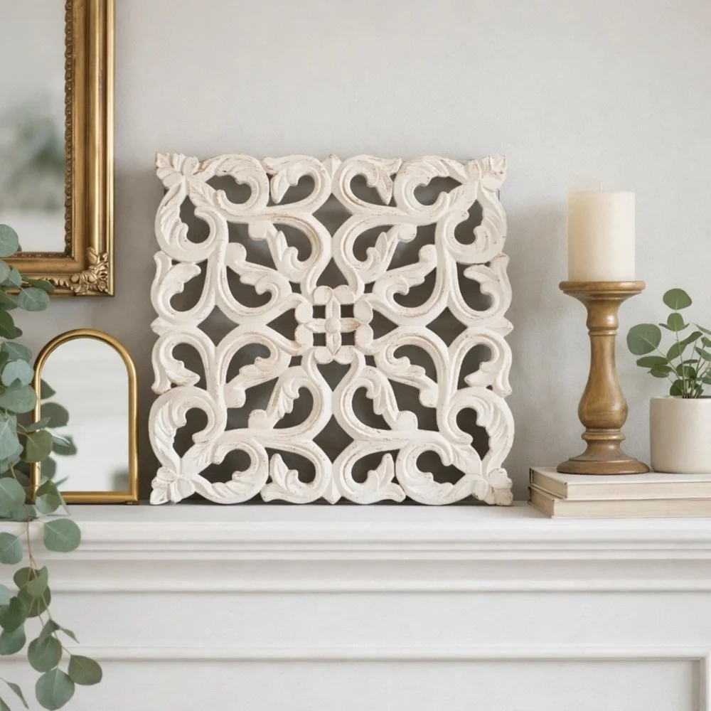 Distressed Shabby Chic Carved Wood Decorative Wall Panel - White - Picture 1 of 3